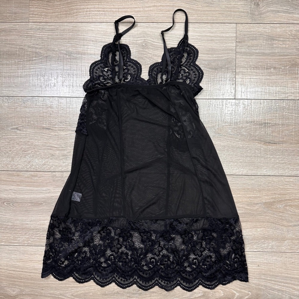 Black Mesh Lace Cami Mini Dress Lingerie Sexy Feminine Babydoll 2 piece Small - Picture 9 of 9